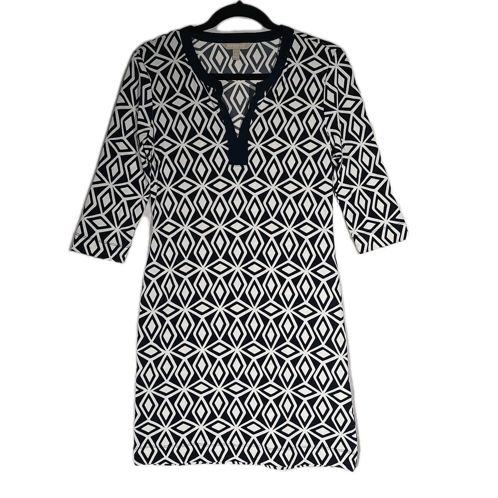 XS Banana Republic Navy Blue & White Dress Geometric Diamond Pattern 3/4‎ Sleeve
